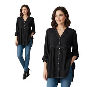 ZARA Longline Tunic M Black Viscose Oversized Button Down Topstitch Empire Waist